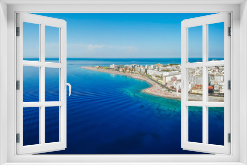 Fototapeta Naklejka Na Ścianę Okno 3D - Aerial birds eye view drone photo of Elli beach on Rhodes city island, Dodecanese, Greece. Panorama with nice sand, lagoon and clear blue water. Famous tourist destination in South Europe