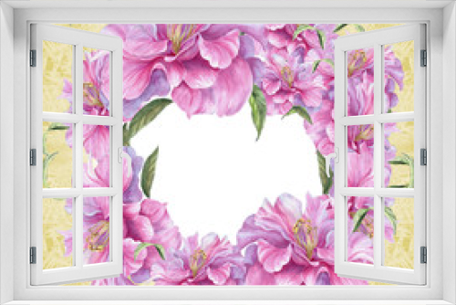 Fototapeta Naklejka Na Ścianę Okno 3D - Flowers of peonies on the background of watercolor. Seamless background. Collage of flowers and leaves. Use printed materials, signs, objects, websites, maps.