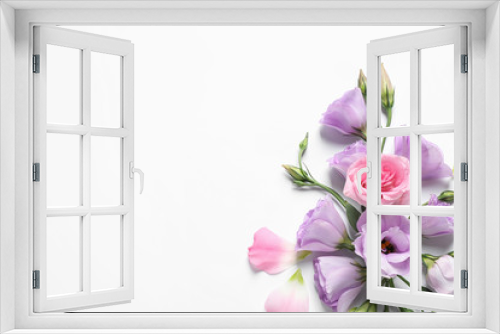 Fototapeta Naklejka Na Ścianę Okno 3D - Beautiful Eustoma flowers on white background, top view. Space for text