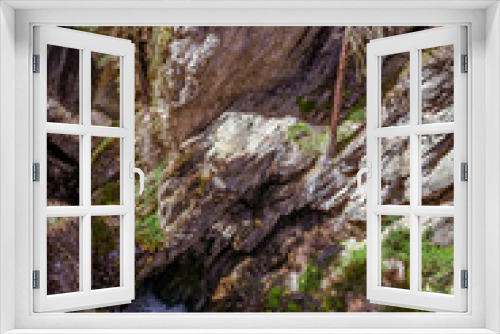 Fototapeta Naklejka Na Ścianę Okno 3D - Klamm in Felsen mit rauschendem Wildwasserbach und Nadelbäumen am Rand