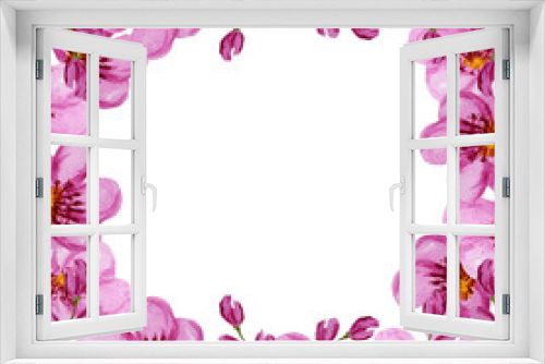 Fototapeta Naklejka Na Ścianę Okno 3D - Beautiful bright colors watercolor flowers frame. Pink flower composition on white background. Greeting poster, card, banner concept with copy space for text.