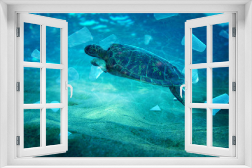 Fototapeta Naklejka Na Ścianę Okno 3D - Plastic pollution in the environmental problem of the ocean. Turtles can eat plastics thinking they are jellyfish