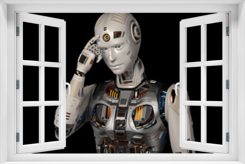 Fototapeta Naklejka Na Ścianę Okno 3D - very detailed robot or futuristic android man touches his forehead or invites people to use their brain. Upper body isolated on black background. 3d render