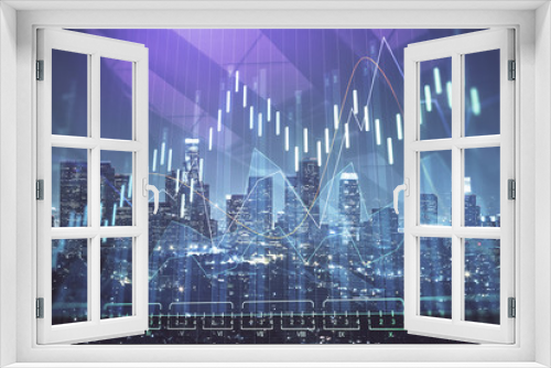 Fototapeta Naklejka Na Ścianę Okno 3D - Forex chart on cityscape with tall buildings background multi exposure. Financial research concept.