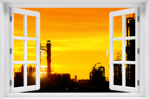 Fototapeta Naklejka Na Ścianę Okno 3D - Oil and gas refinery industry in silhouette image on orange sky sunset background, Petrochemical plant, Factory with evening