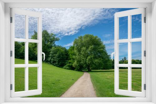 Fototapeta Naklejka Na Ścianę Okno 3D - Path leading through green meadow to green trees with blue sky and white fluffy clouds – symbol for leisure time, climate, decisions and purity