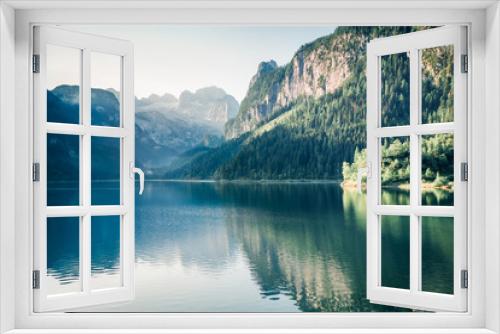 Fototapeta Naklejka Na Ścianę Okno 3D - Bright summer scene of Vorderer ( Gosausee ) lake with Dachstein glacier on background. Attractive morning view of Austrian Alps, Upper Austria, Europe. Instagram filter toned.