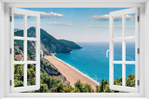 Fototapeta Naklejka Na Ścianę Okno 3D - Picturesque spring view of Milos Beach. Panoramic morning seascape of Ionian sea. Aerial outdoor scene of Lefkada Island, Greece, Europe. Beauty of nature concept background.