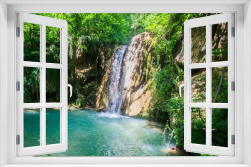 Fototapeta Naklejka Na Ścianę Okno 3D - Secret place for relaxing,  waterfall in forest at summer day  , turquoise color water of natural pool