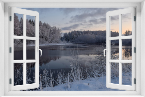 Fototapeta Naklejka Na Ścianę Okno 3D - winter landscape with snow-covered trees, beautiful lake and glare
