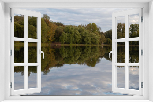 Fototapeta Naklejka Na Ścianę Okno 3D - Autumn, Park, pond, trees, clouds.