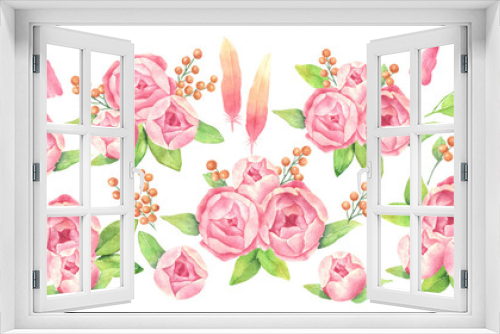 Fototapeta Naklejka Na Ścianę Okno 3D - A set of floral elements, isolated object on the white background. Watercolor hand drawn peony, leaves, bird feathers, branch of berries and petals