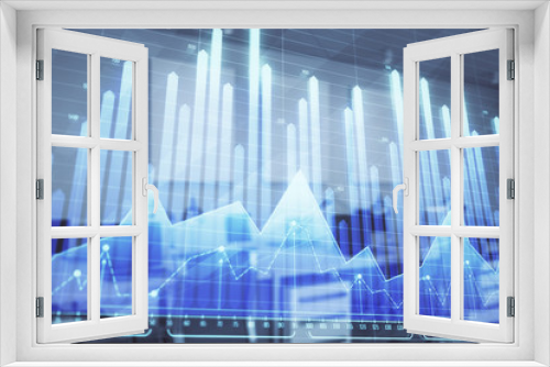 Fototapeta Naklejka Na Ścianę Okno 3D - Stock market chart with trading desk bank office interior on background. Double exposure. Concept of financial analysis