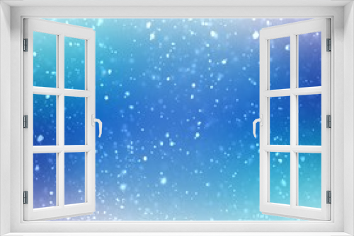 Soft light snow falling on blue winter background. Creative wonderful blur illustration. Christmas holiday decor.