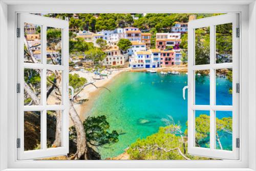 Fototapeta Naklejka Na Ścianę Okno 3D - View of beach in Sa Tuna fishing village with colorful houses on shore, Costa Brava, Catalonia, Spain