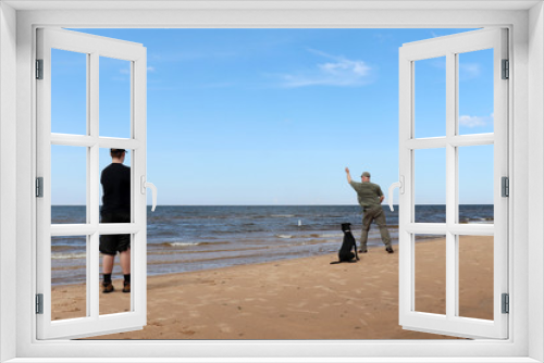 Fototapeta Naklejka Na Ścianę Okno 3D - Man and dog playing fetch in the Baltic Sea in Latvia