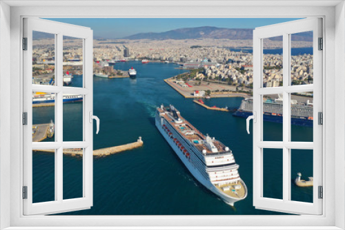 Fototapeta Naklejka Na Ścianę Okno 3D - Aerial photo of luxury cruise liner leaving famous busy port of Piraeus one of the largest in Mediterranean, Attica, Greece