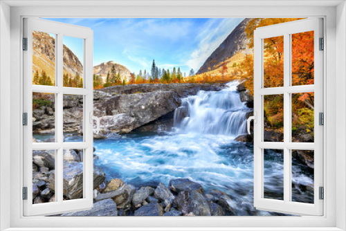 Fototapeta Naklejka Na Ścianę Okno 3D - Beautiful autumn landscape with yellow trees and waterfall