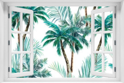 Fototapeta Naklejka Na Ścianę Okno 3D - Watercolor seamless pattern. Summer tropical palm trees background. Jungle watercolour print