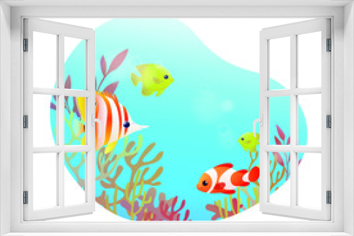 Fototapeta Naklejka Na Ścianę Okno 3D - Underwater tropical round banner with butterfly fish and clown fish. Vector illustration with coral fish in colorful style.