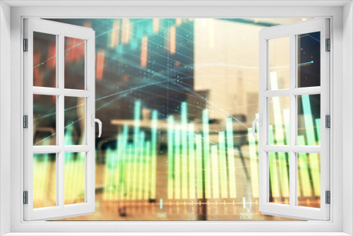 Fototapeta Naklejka Na Ścianę Okno 3D - Business theme graph hologram with minimalistic cabinet interior background. Double exposure. Stock market concept.