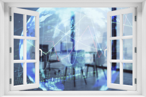 Forex chart hologram with map and minimalistic cabinet interior background. Double exposure. International business concept.