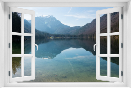 Fototapeta Naklejka Na Ścianę Okno 3D - Scenic view of the great landscape reflecting on the shallow crystal clear water of the Vorderer Langbathsee near Ebensee, Oberösterreich, Austria