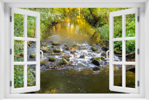 Fototapeta Naklejka Na Ścianę Okno 3D - In a  small rural river, stones cause some turbulence in the water