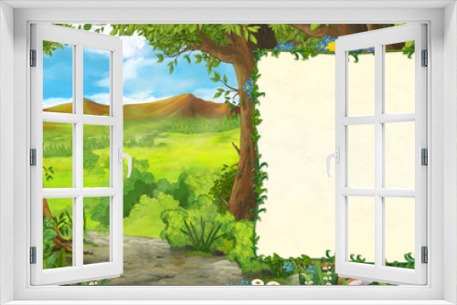 Fototapeta Naklejka Na Ścianę Okno 3D - cartoon summer scene with meadow in the forest with frame for text illustration for children