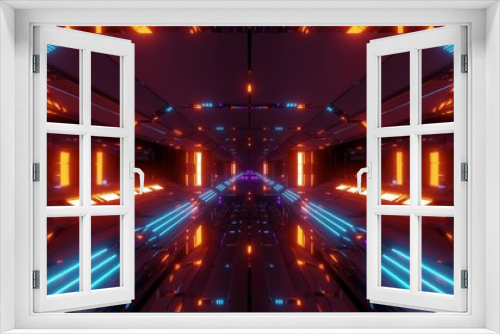 Fototapeta Naklejka Na Ścianę Okno 3D - futuristic sci-fi space ship air hangar tunnel with glass windows 3d rendering background wallpaper