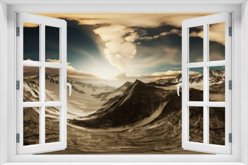 Fototapeta Naklejka Na Ścianę Okno 3D - VR 360 Rays of Sunset on the Tops of the Mountains