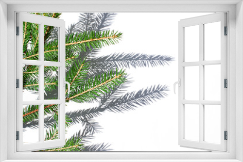 Fototapeta Naklejka Na Ścianę Okno 3D - Christmas fir concept frame on the white sunny background. Copy space. Top view