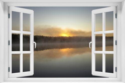 Fototapeta Naklejka Na Ścianę Okno 3D - beautiful mist on the lake, outline, sunrise, autumn morning