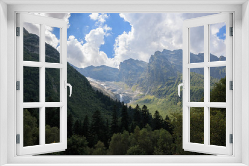 Fototapeta Naklejka Na Ścianę Okno 3D - Panorama view on mountains scene and away waterfall in national park of Dombay