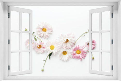 Fototapeta Naklejka Na Ścianę Okno 3D - floral composition. beautiful flowers, buds and leaves of chrysanthemums on a white background. flat lay, top view, minimal concept