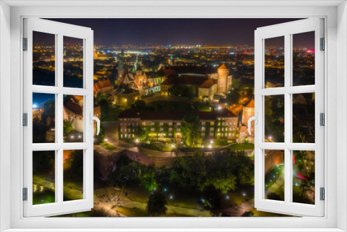 Fototapeta Naklejka Na Ścianę Okno 3D - Night aerial panorama of Wawel Hill in Cracow with old most famous polish castle