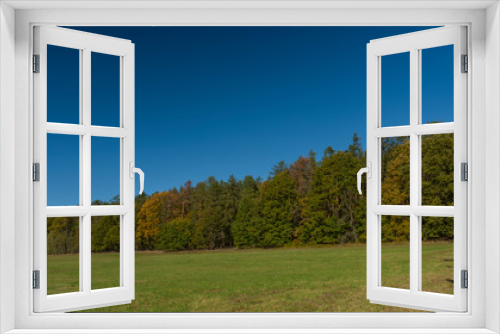 Fototapeta Naklejka Na Ścianę Okno 3D - Color autumn meadow and forests with blue sky in Kokorinsko area in Bohemia