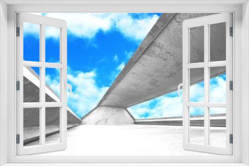 Fototapeta Naklejka Na Ścianę Okno 3D - Concrete room wall construction on cloudy sky background