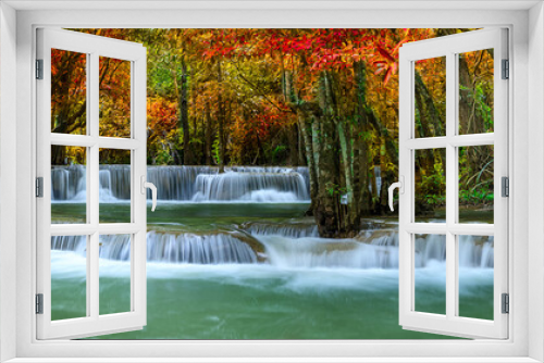 Fototapeta Naklejka Na Ścianę Okno 3D - Colorful majestic waterfall in national park forest during autumn, panorama - Image