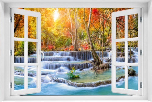 Fototapeta Naklejka Na Ścianę Okno 3D - Colorful majestic waterfall in national park forest during autumn, panorama - Image
