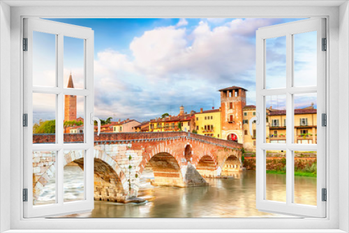 Fototapeta Naklejka Na Ścianę Okno 3D - Famous Verona landmark. Ponte di Pietra over Adige river during sunrise in Verona, Italy