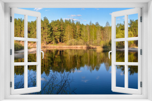 Fototapeta Naklejka Na Ścianę Okno 3D - Panorama of the spring forest river.
