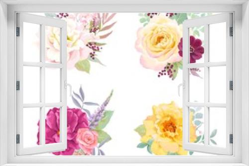 Fototapeta Naklejka Na Ścianę Okno 3D - Flowers set decors with colorful roses, gentle hydrangea, leaves and branches. Vector floral compositions on white background in vintage watercolor style. Summer blossoming collection for your design.