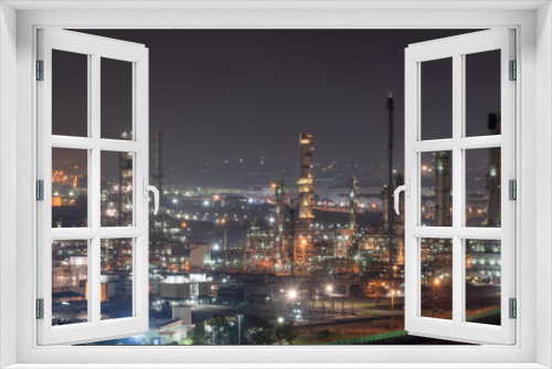 Fototapeta Naklejka Na Ścianę Okno 3D - Landscape of Oil and Gas Refinery Manufacturing Plant., Petrochemical or Chemical Distillation Process Buildings., Factory of Power and Energy Industrial at Twilight Sunset., Engineering Petroleum.