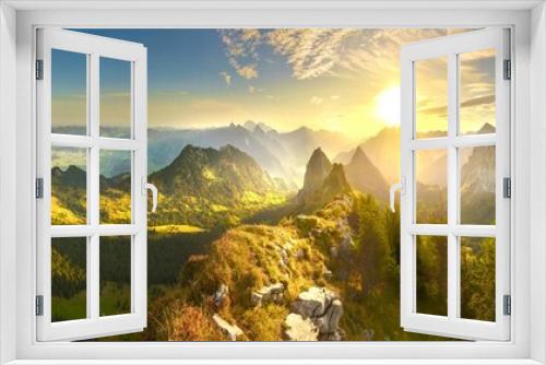 Fototapeta Naklejka Na Ścianę Okno 3D - Great panoramic view of morning mountains in Switzerland with Lake Zürich and many tops in autumn
