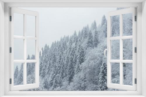 Fototapeta Naklejka Na Ścianę Okno 3D - Landscape view of snowy hills with pine trees.