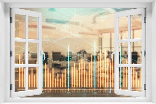 Fototapeta Naklejka Na Ścianę Okno 3D - Stock and bond market graph with trading desk bank office interior on background. Multi exposure. Concept of financial analysis