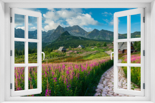 Fototapeta Naklejka Na Ścianę Okno 3D - mountain landscape, Tatra mountains panorama, Poland colorful flowers and cottages in Gasienicowa valley (Hala Gasienicowa), summer
