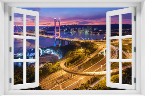 Fototapeta Naklejka Na Ścianę Okno 3D - Tsing Ma Bridge in Hong Kong city at dusk