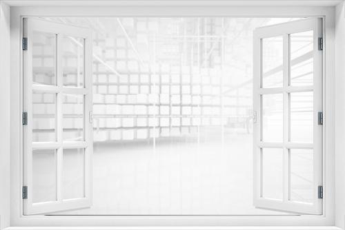 Abstract white architectural interior from an array of white cubes with large windows. 3D illustration and rendering.